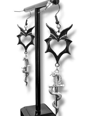 NWT Handmade Black Bat Wing Earrings with Dangly Snake Wrapped Sword